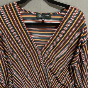 Eloquii Striped V-Neck Blouse in Navy, Orange and Khaki Lot 69